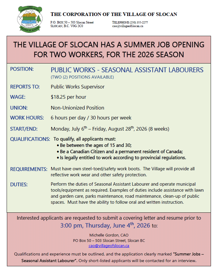 JOB POSTING SEASONAL ASSISTANT LABOURERS